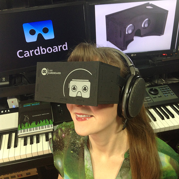 Winifred Phillips demonstrates the EVA 2.0 Google Cardboard Virtual Reality headset