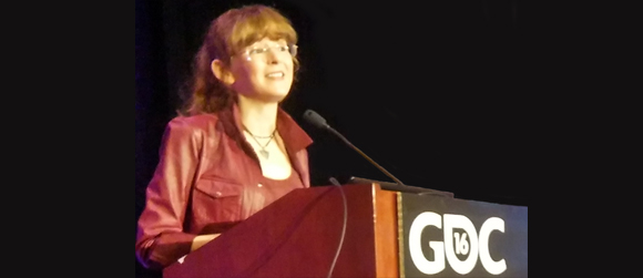 Winifred Phillips, video game composer, giving a talk as part of the Game Developers Conference 2016 in San Francisco.