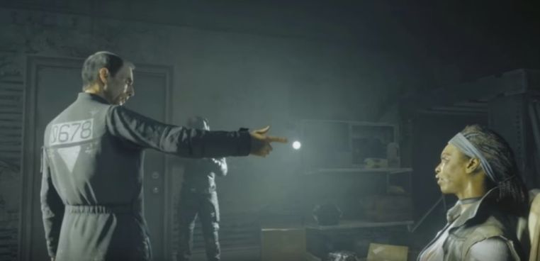 An enemy official taunts his captives in this screen from the Homefront: The Revolution video game (pictured in the article by video game composer Winifred Phillips)