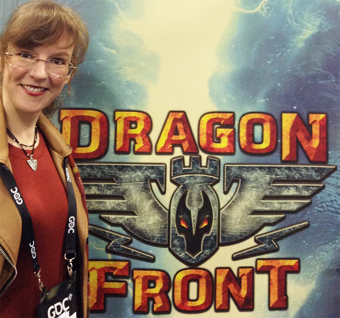 Winifred Phillips, video game music composer, pictured at the GDC 2016 display for the Dragon Front virtual reality game.