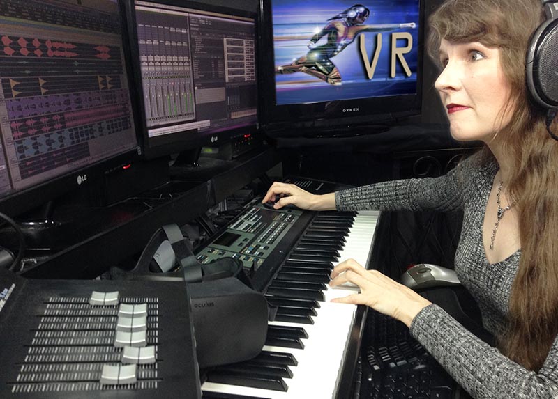 Video game music composer Winifred Phillips, at work in her music production studio - from the article about music for virtual reality / VR.