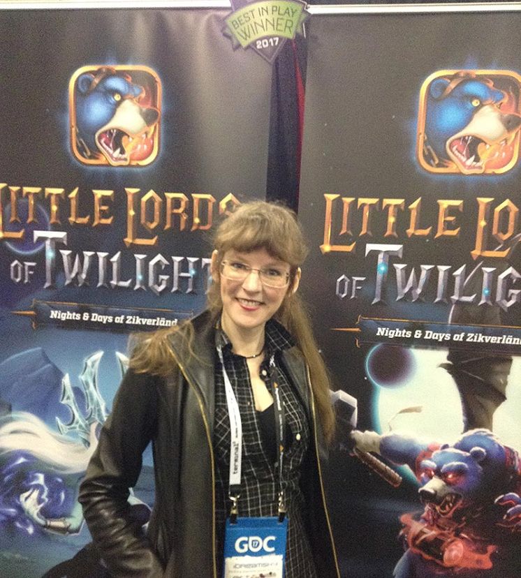Pictured: video game music composer Winifred Phillips at the BKOM booth during GDC 2017.
