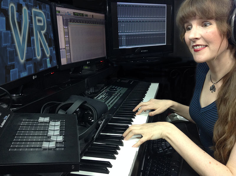 Video game music composer Winifred Phillips working in her game composers production studio.