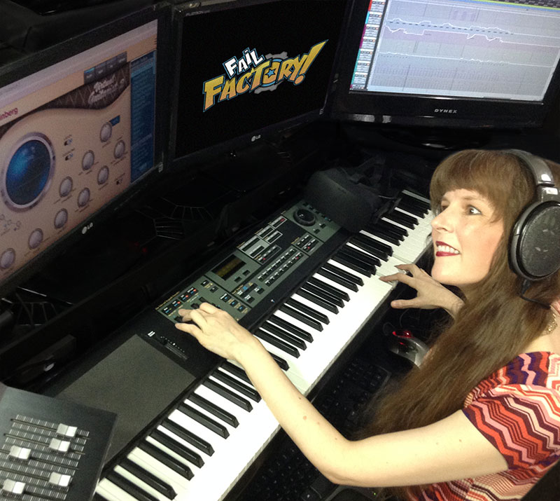 In this article series for video game composers, Winifred Phillips is depicted in this photo working in her music production studio.