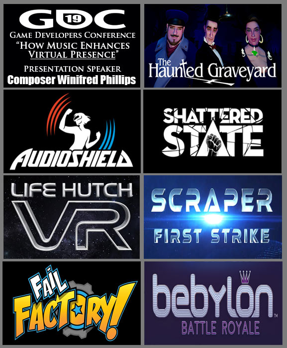 Compilation of images depicting popular game titles for VR platforms that are included in the GDC 2019 lecture of game composer Winifred Phillips.