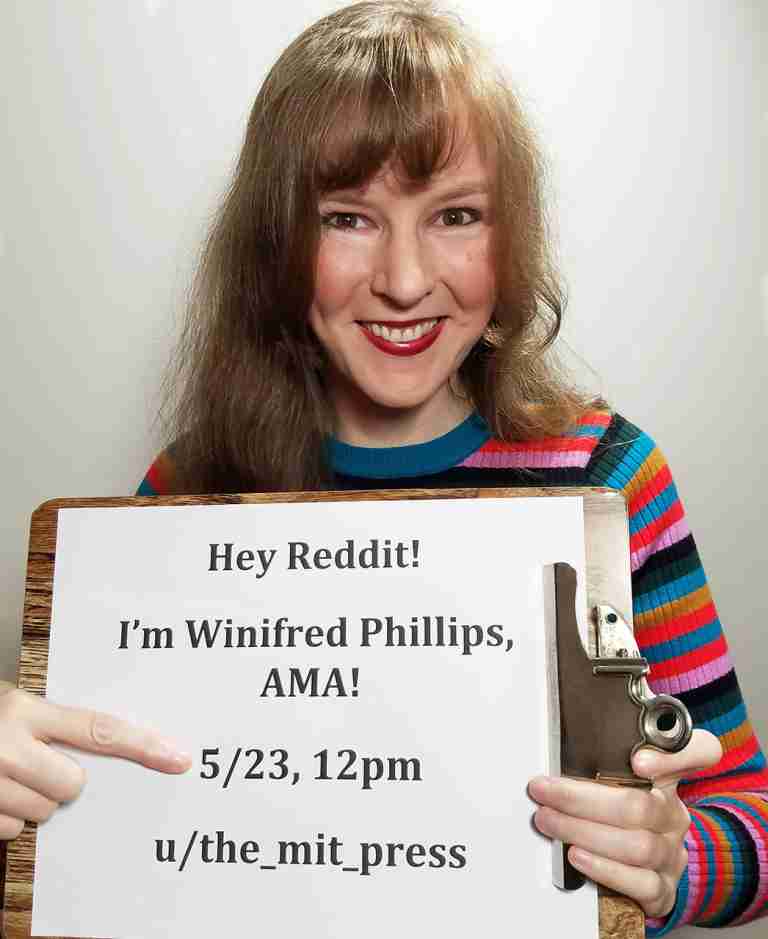 Photo of popular video game composer Winifred Phillips, taken as 'proof photo' for her recent viral Reddit Ask-Me-Anything that hit the Reddit front page, receiving 14.8 thousand upvotes and garnering Reddit's gold and platinum awards.