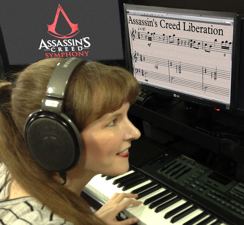 This photo shows video game composer Winifred Phillips working in her music production studio. Phillips has composed music for titles in five of the most popular franchises in gaming (Assassin's Creed, God of War, Total War, The Sims, LittleBigPlanet).