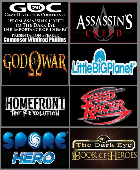 An image depicting the official logos of the game projects included in the GDC 2020 presentation, "From Assassin's Creed to The Dark Eye: The Importance of Themes." This presentation was delivered by video game composer Winifred Phillips during the GDC 2020 online conference in March.