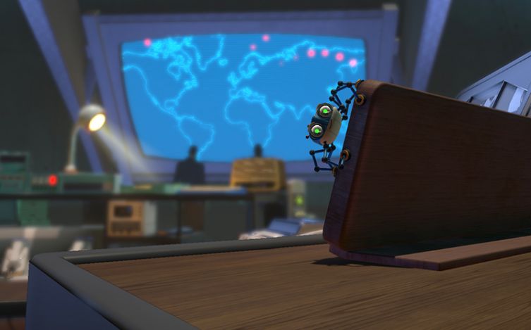 An image depicting video game character Agent 8 navigating the War Room in the Apple Arcade game Spyder, as discussed in the article written by Winifred Phillips (video game composer).