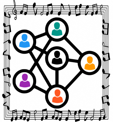 An illustration depicting the role of networking in the career of a game music composer, as included in the article written by award-winning video game composer Winifred Phillips.
